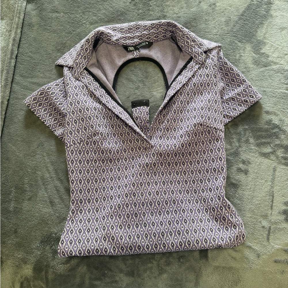Purple and White Polo Collar Cap Sleeve Shirt